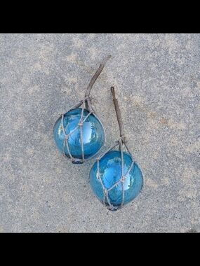 2 Pc Vintage Style 5" Blue Glass Fishing Float  Pie Seal Buoy Netting Decor